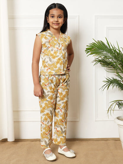 Girls Straight style Cotton fabric Beige color Co-ord set