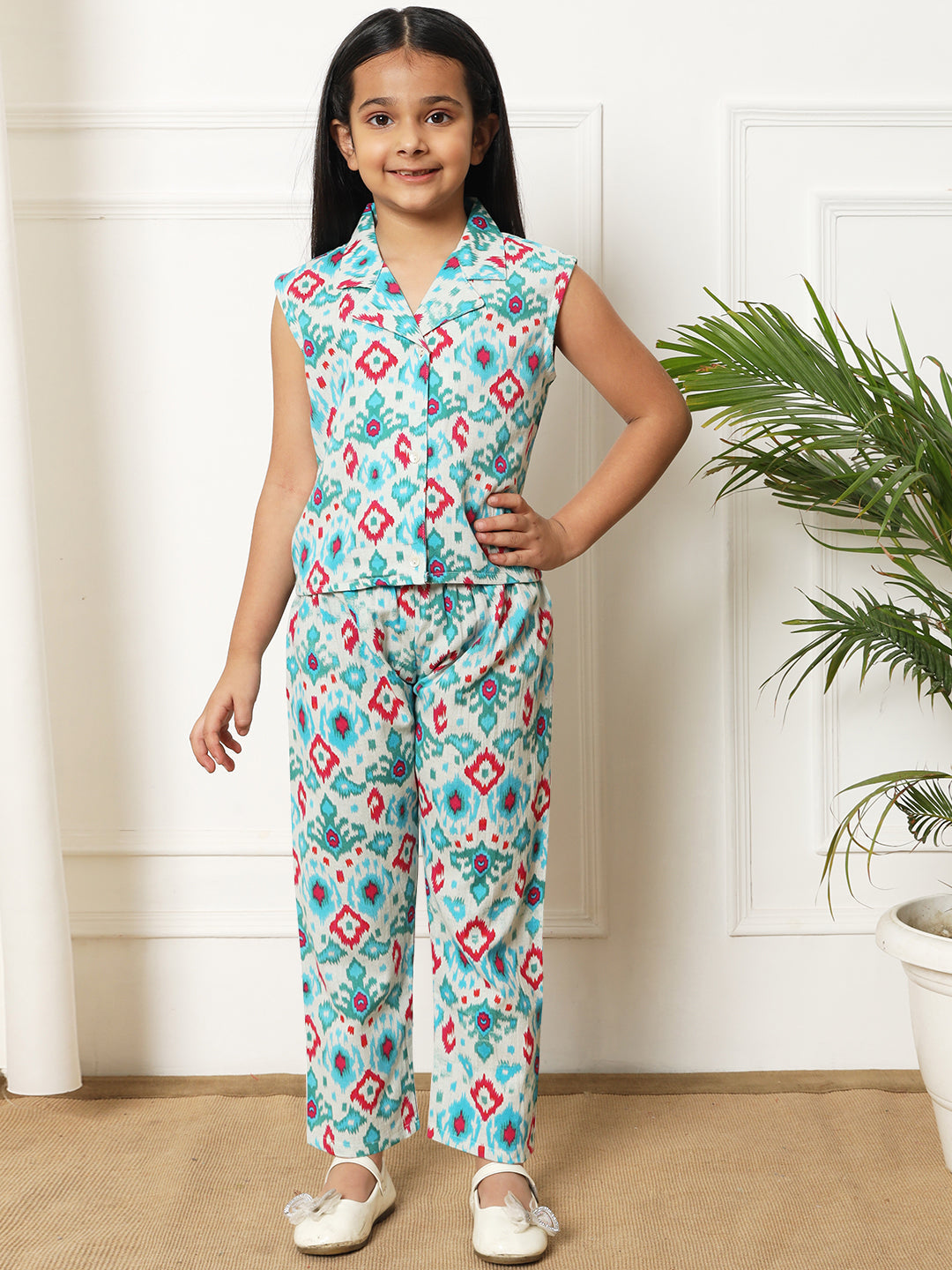 Girls Straight style Cotton fabric Blue color Co-ord set