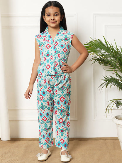 Girls Straight style Cotton fabric Blue color Co-ord set