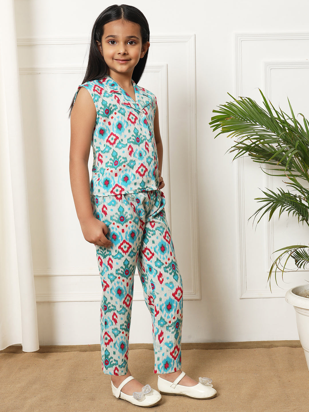 Girls Straight style Cotton fabric Blue color Co-ord set
