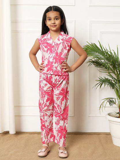 Girls Straight style Cotton fabric Pink color Co-ord set