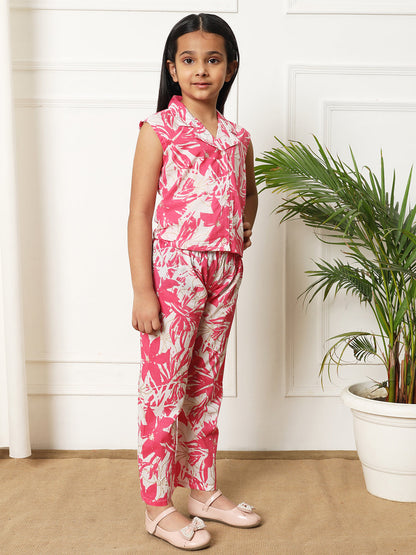 Girls Straight style Cotton fabric Pink color Co-ord set
