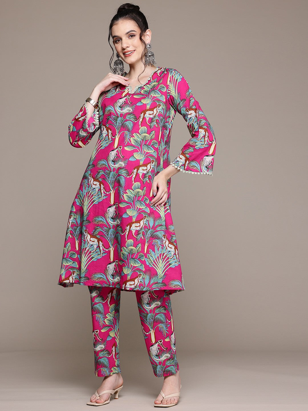 A Line Style Cotton Fabric Pink Color Co-Ord Set