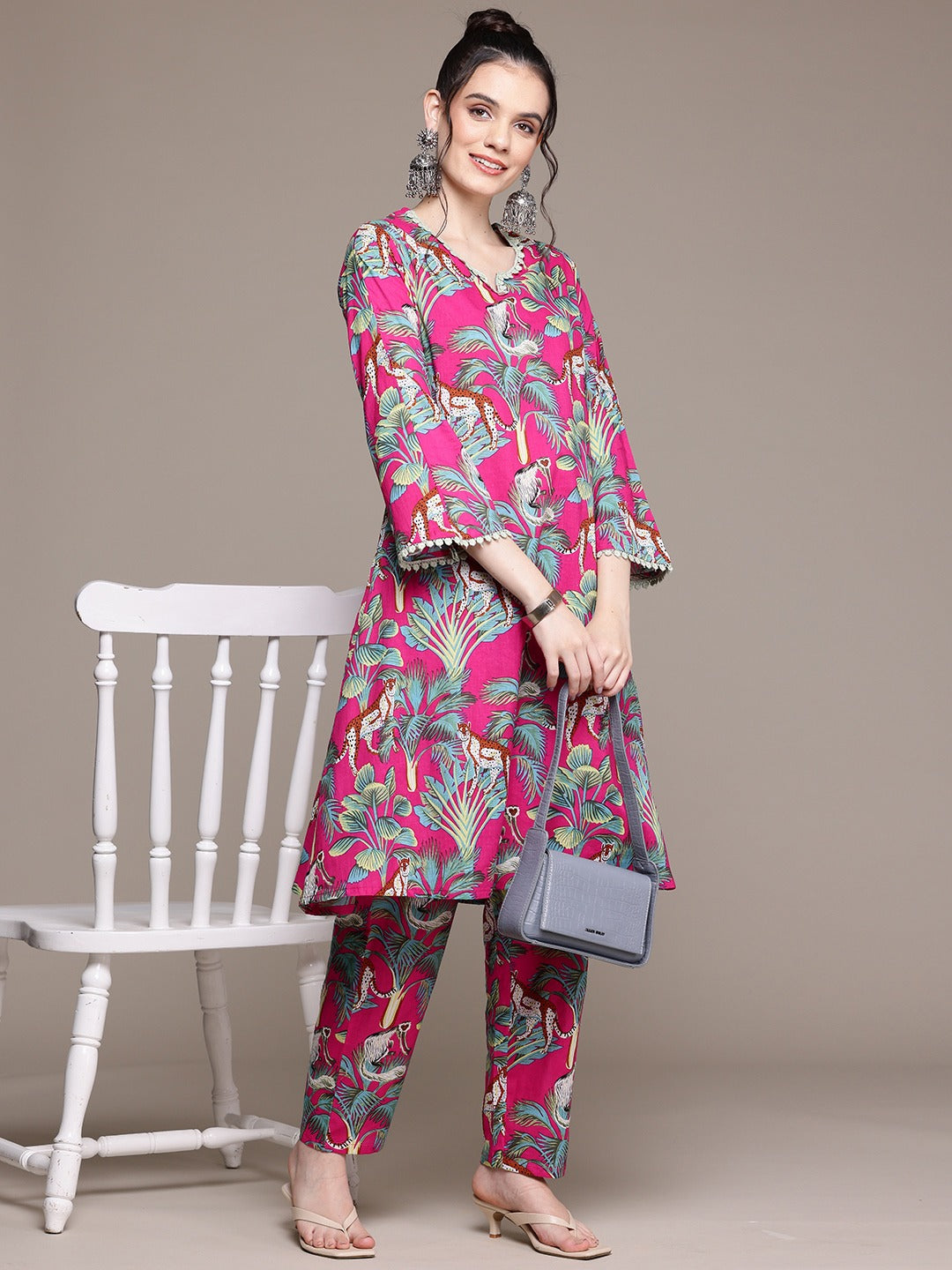 A Line Style Cotton Fabric Pink Color Co-Ord Set