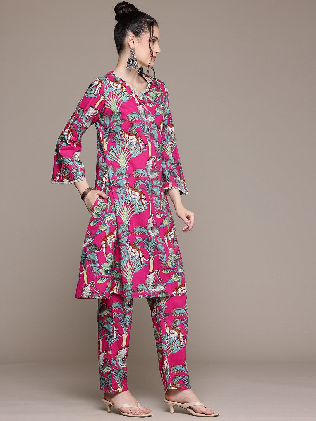 A Line Style Cotton Fabric Pink Color Co-Ord Set