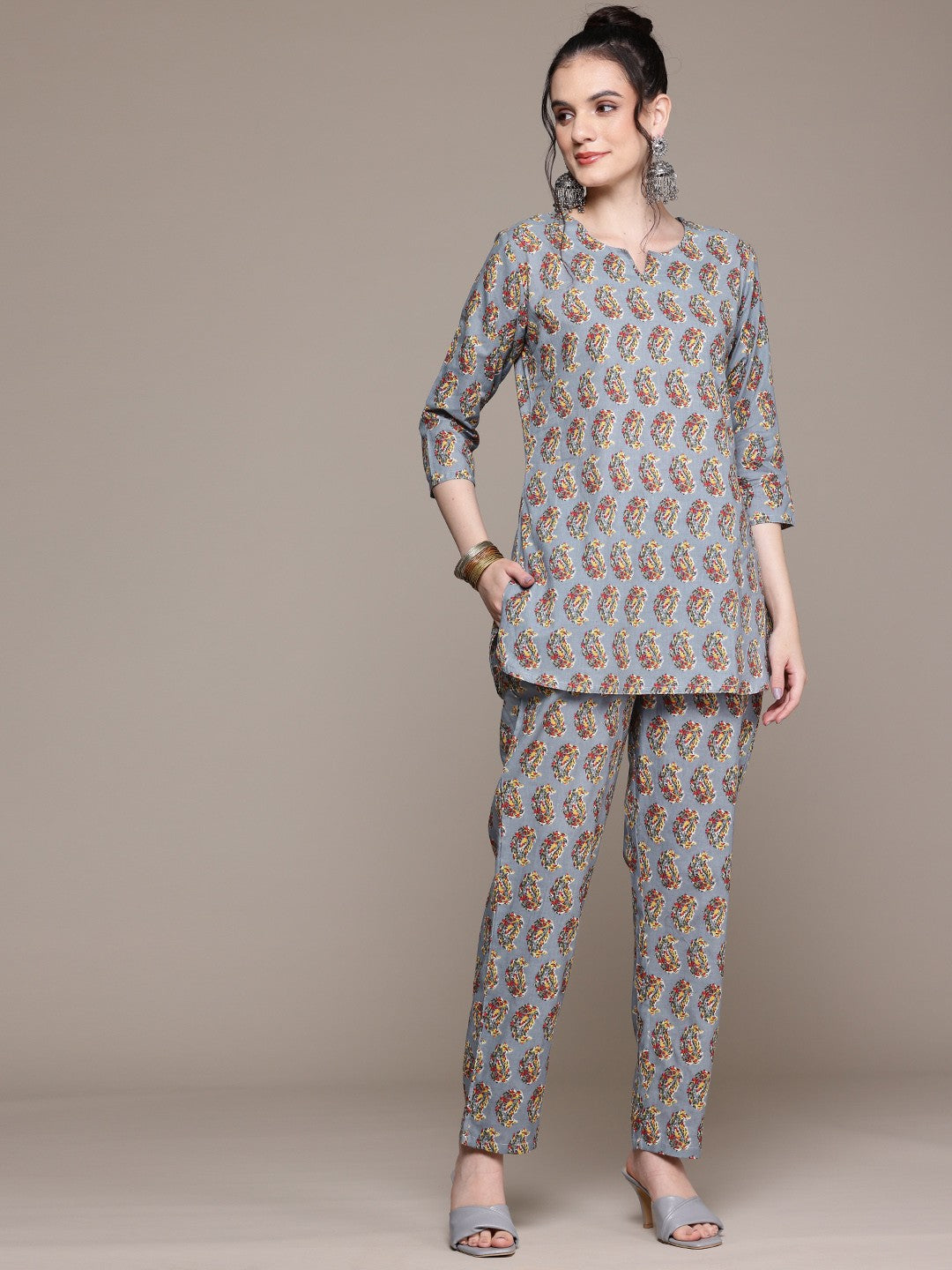 Straight Style Cotton Fabric Grey Color Co-Ord Set