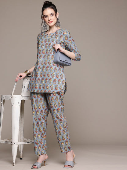 Straight Style Cotton Fabric Grey Color Co-Ord Set