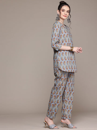 Straight Style Cotton Fabric Grey Color Co-Ord Set