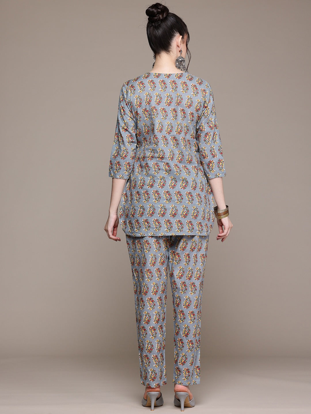 Straight Style Cotton Fabric Grey Color Co-Ord Set