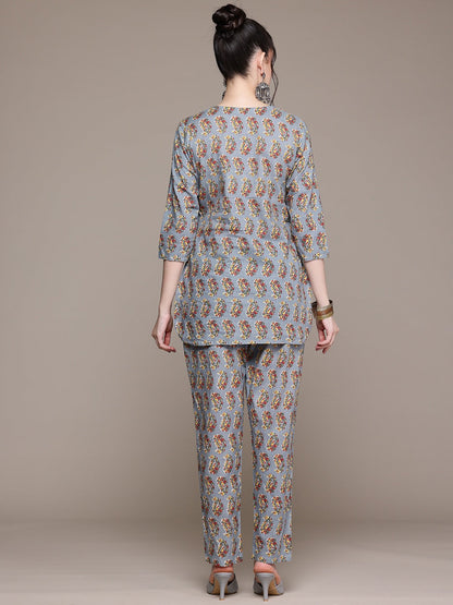 Straight Style Cotton Fabric Grey Color Co-Ord Set