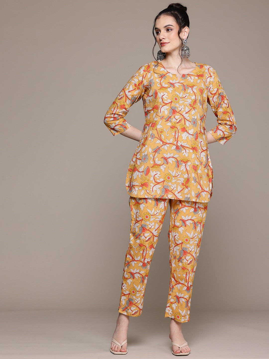 Straight Style Cotton Fabric Mustard Color Co-Ord Set