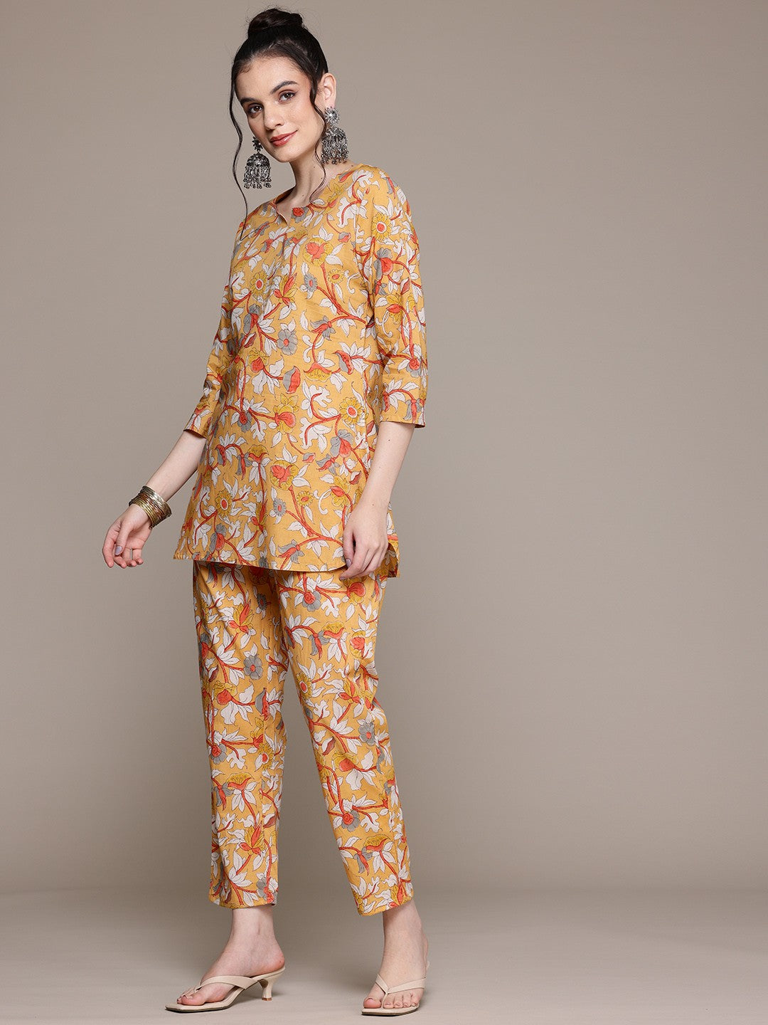 Straight Style Cotton Fabric Mustard Color Co-Ord Set