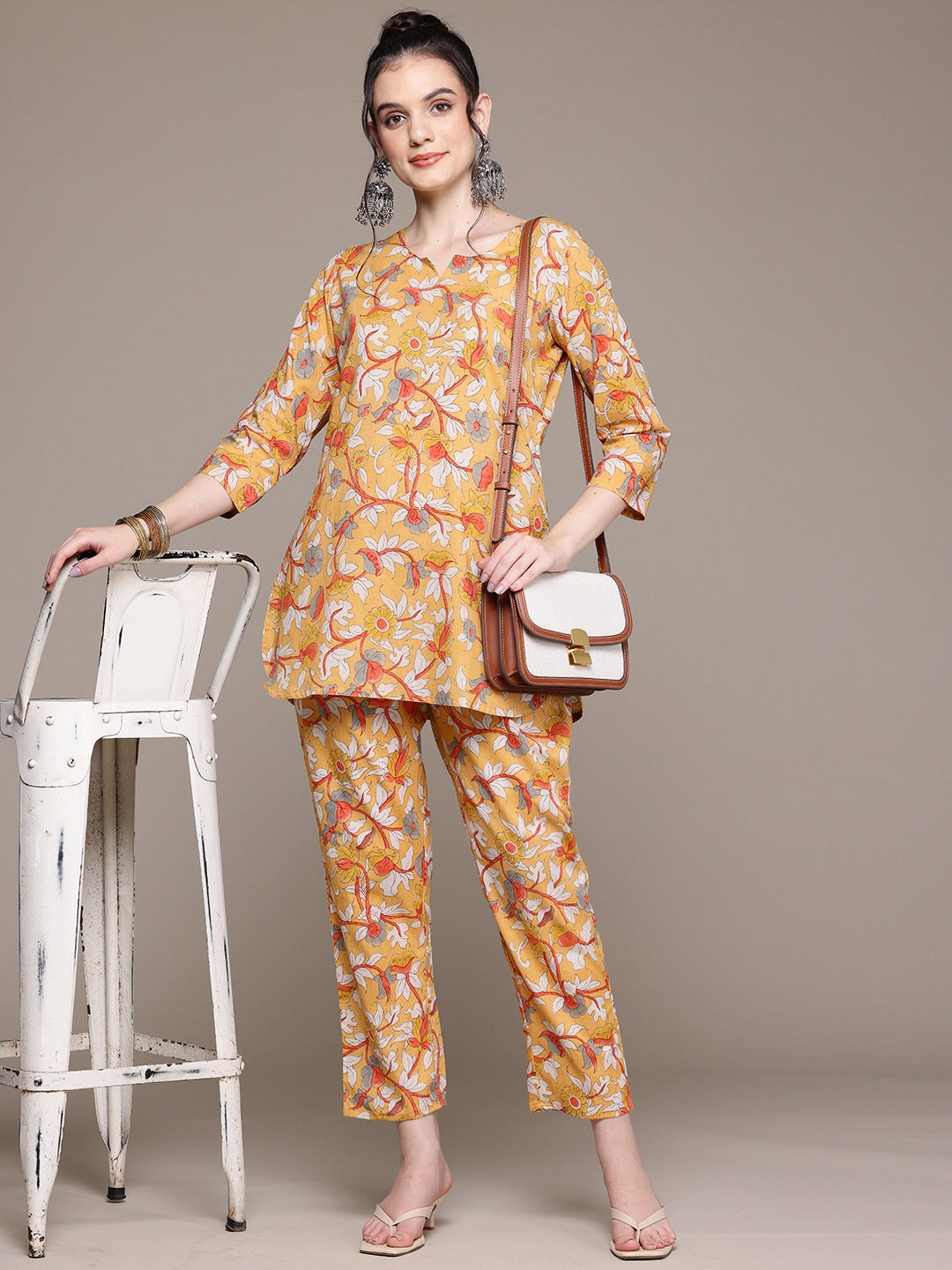 Straight Style Cotton Fabric Mustard Color Co-Ord Set