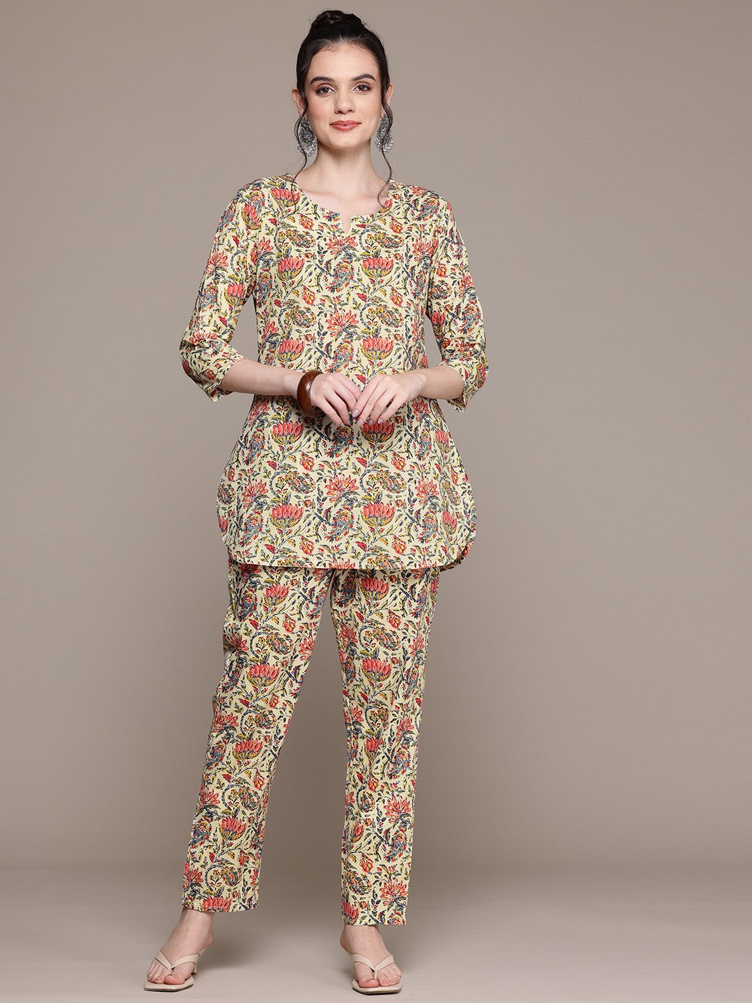 Straight Style Cotton Fabric Cream Color Co-Ord Set
