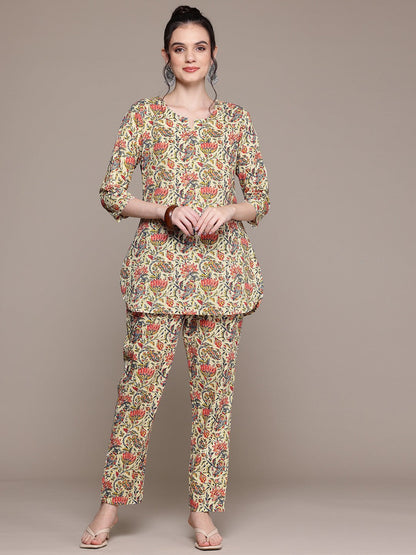 Straight Style Cotton Fabric Cream Color Co-Ord Set