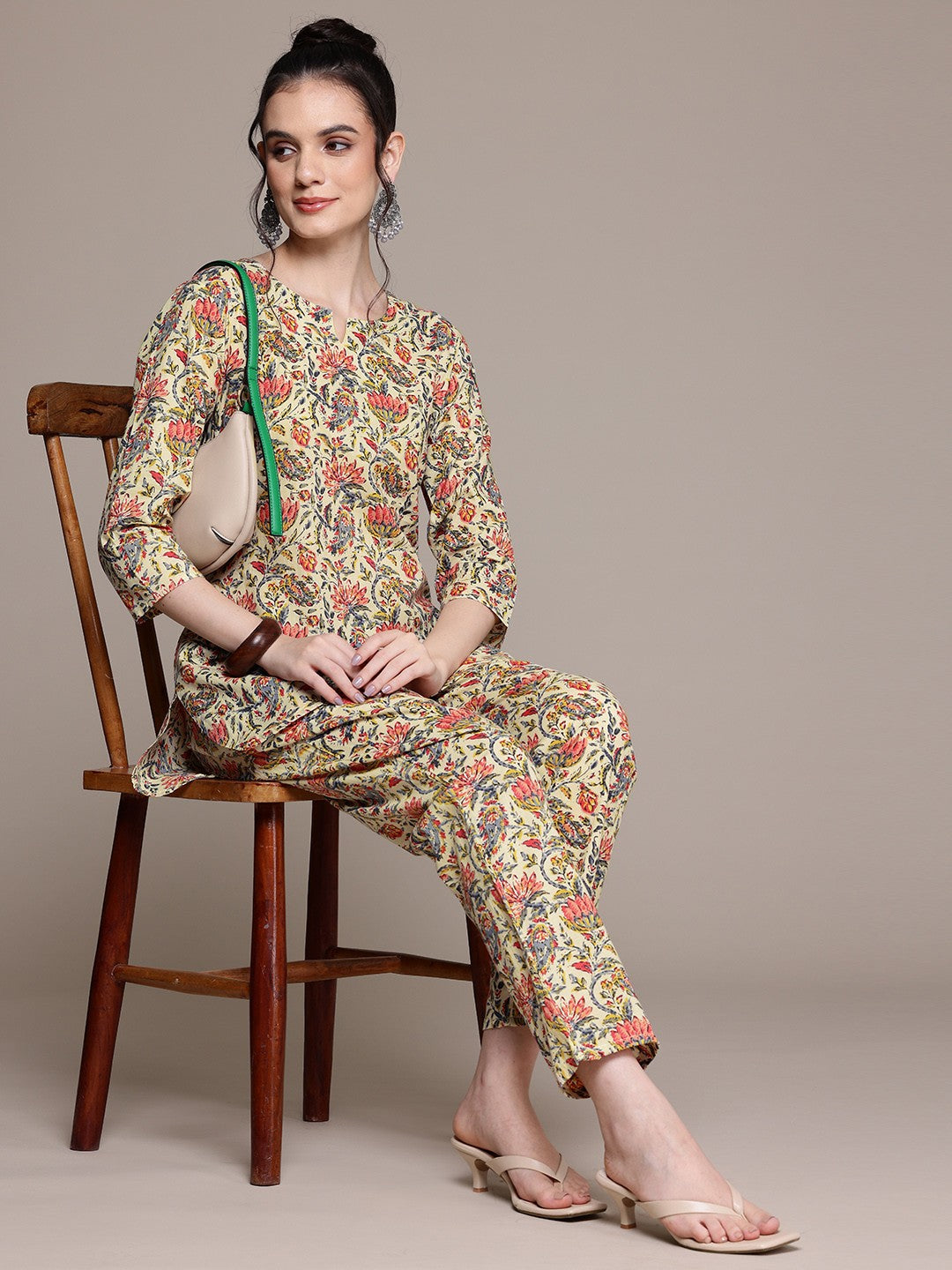 Straight Style Cotton Fabric Cream Color Co-Ord Set