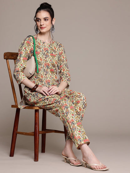 Straight Style Cotton Fabric Cream Color Co-Ord Set