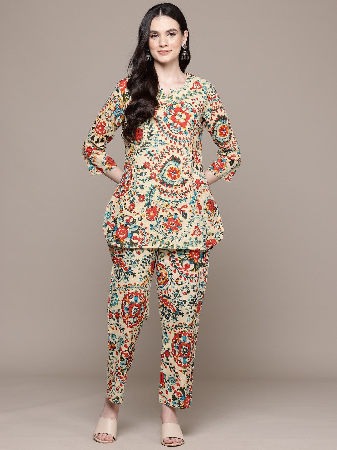 Straight Style Cotton Fabric Beige Color Co-Ord Set