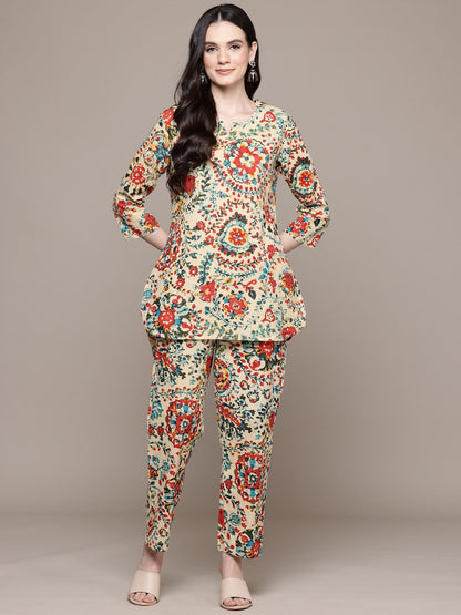 Straight Style Cotton Fabric Beige Color Co-Ord Set