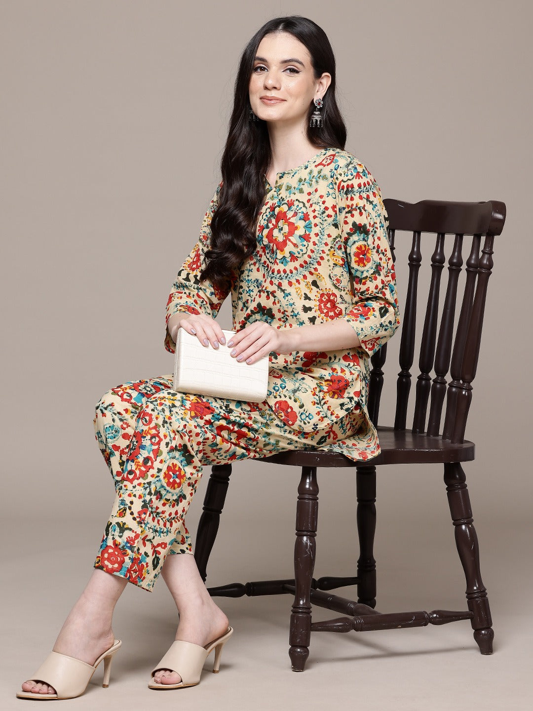 Straight Style Cotton Fabric Beige Color Co-Ord Set