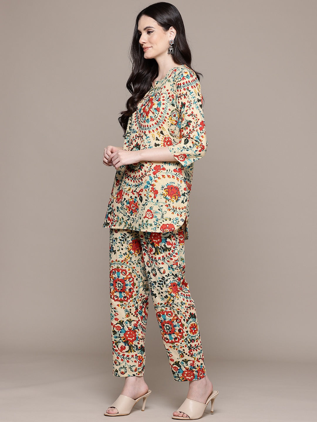Straight Style Cotton Fabric Beige Color Co-Ord Set