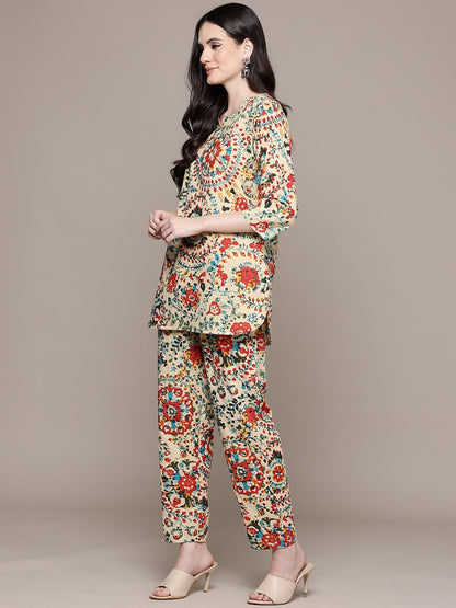 Straight Style Cotton Fabric Beige Color Co-Ord Set