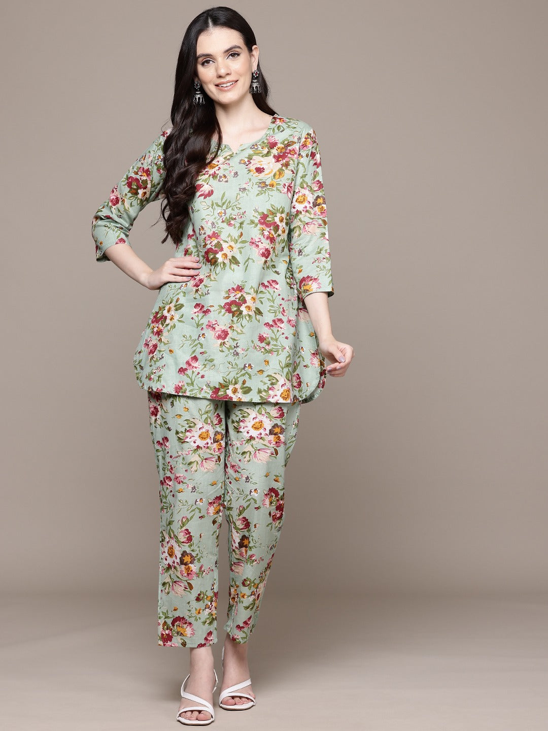 Straight Style Cotton Fabric Green Color Co-Ord Set