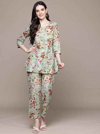 Straight Style Cotton Fabric Green Color Co-Ord Set