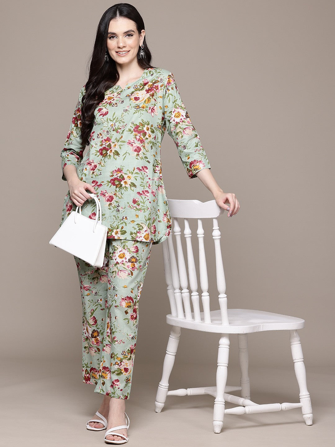 Straight Style Cotton Fabric Green Color Co-Ord Set