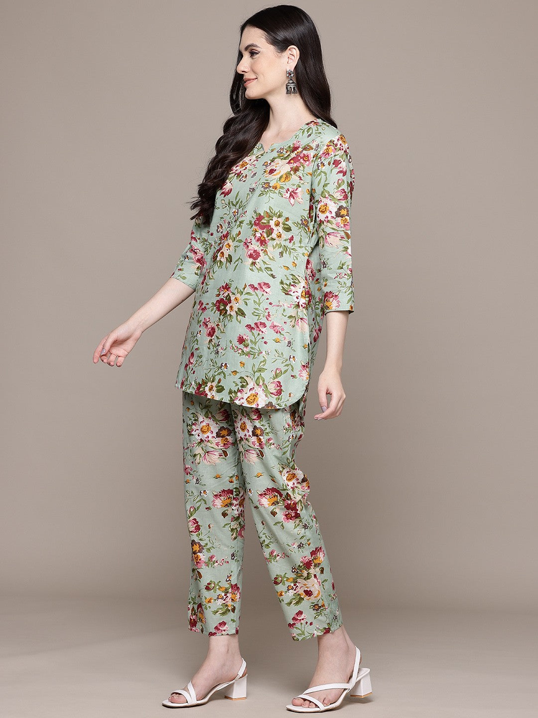 Straight Style Cotton Fabric Green Color Co-Ord Set
