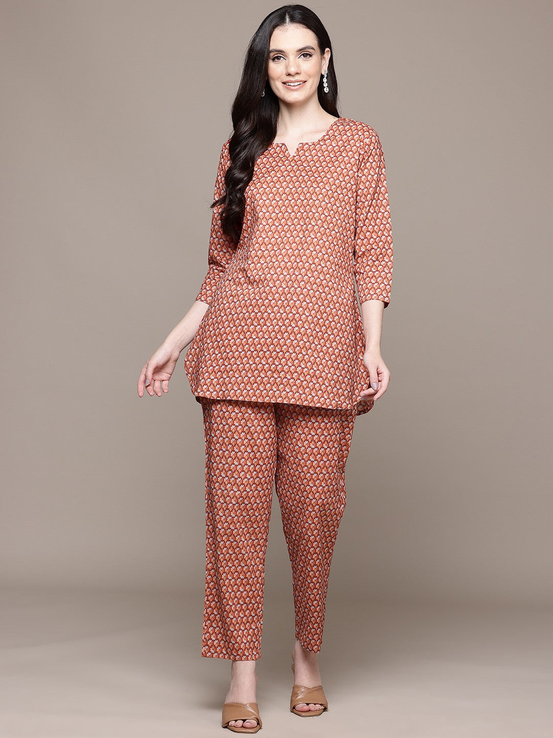 Straight Style Cotton Fabric Rust Color Co-Ord Set