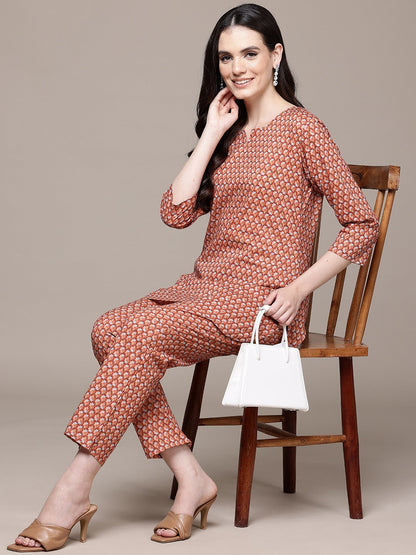 Straight Style Cotton Fabric Rust Color Co-Ord Set