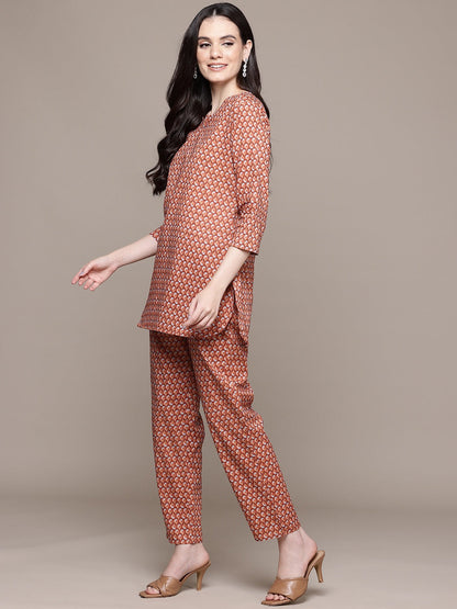 Straight Style Cotton Fabric Rust Color Co-Ord Set