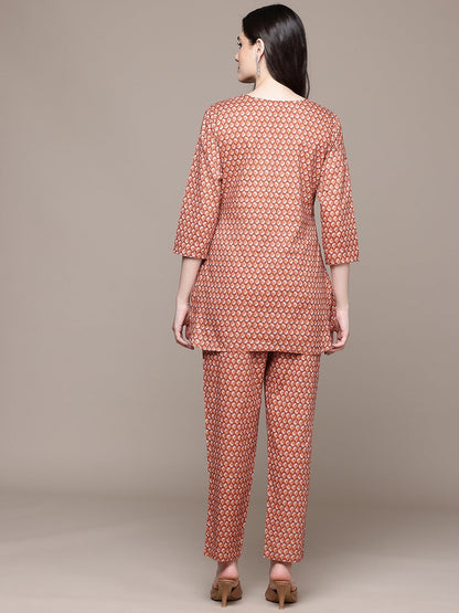 Straight Style Cotton Fabric Rust Color Co-Ord Set
