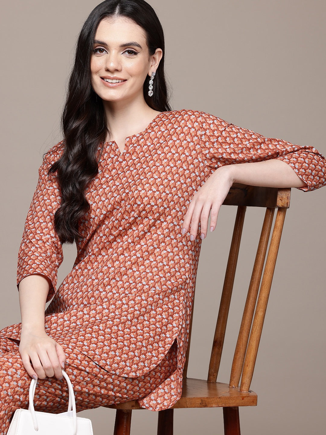Straight Style Cotton Fabric Rust Color Co-Ord Set