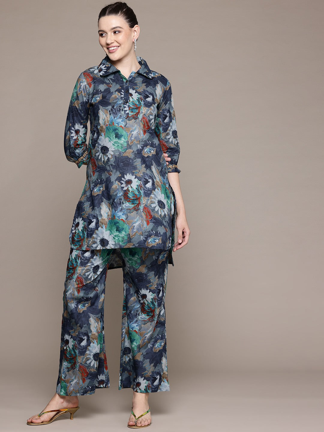 Straight Style Cotton Fabric Navy Blue Color Co-Ord Set