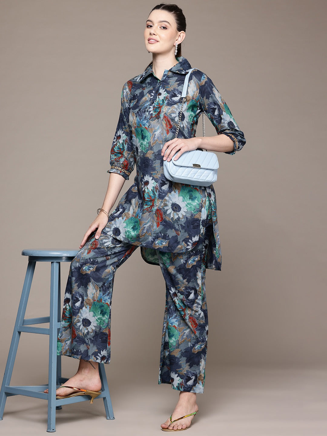 Straight Style Cotton Fabric Navy Blue Color Co-Ord Set