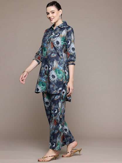 Straight Style Cotton Fabric Navy Blue Color Co-Ord Set