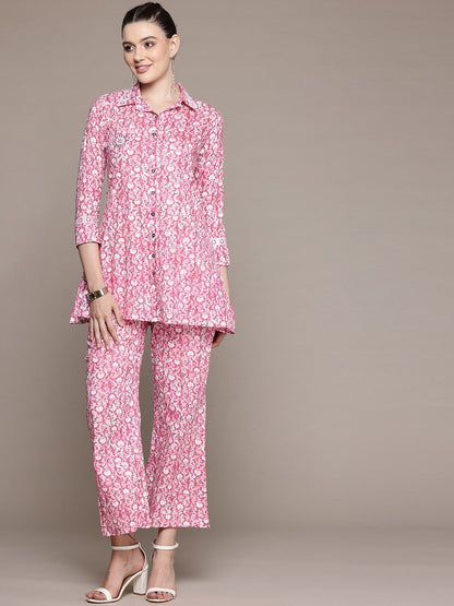 A Line Style Cotton Fabric Pink Color Co-Ord Set