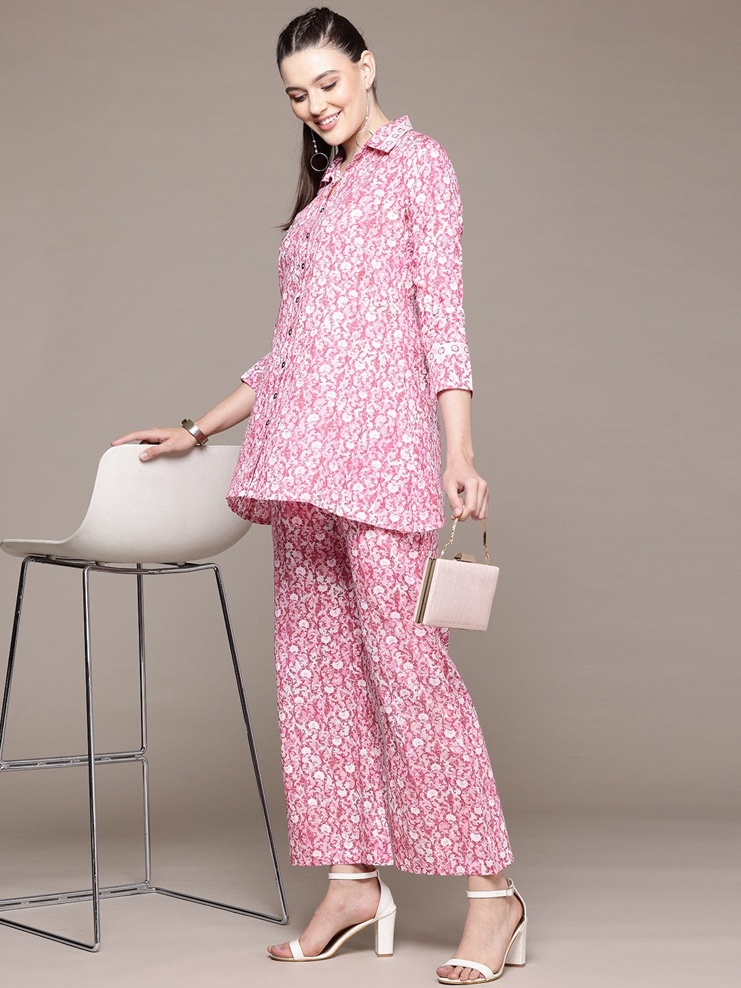 A Line Style Cotton Fabric Pink Color Co-Ord Set