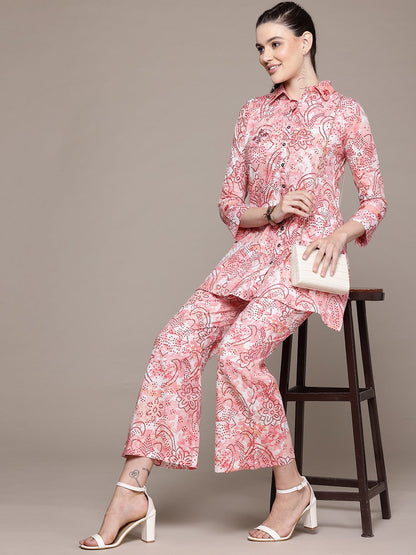 A Line Style Cotton Fabric Peach Color Co-Ord Set