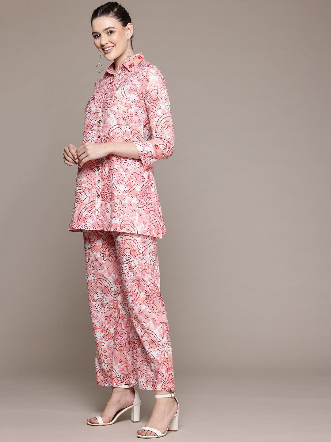 A Line Style Cotton Fabric Peach Color Co-Ord Set
