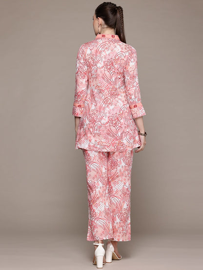 A Line Style Cotton Fabric Peach Color Co-Ord Set