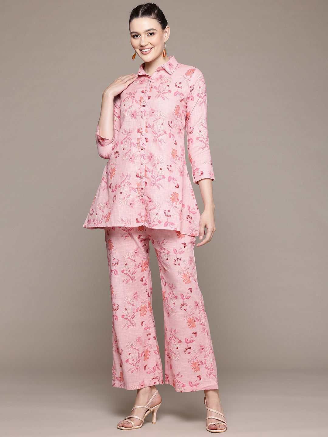 A Line Style Cotton Fabric Pink Color Co-Ord Set