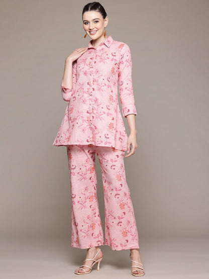 A Line Style Cotton Fabric Pink Color Co-Ord Set