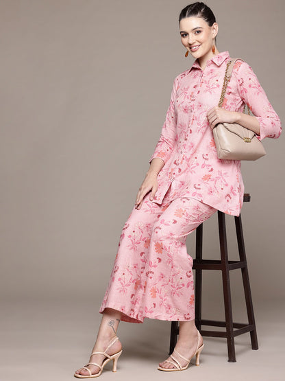 A Line Style Cotton Fabric Pink Color Co-Ord Set