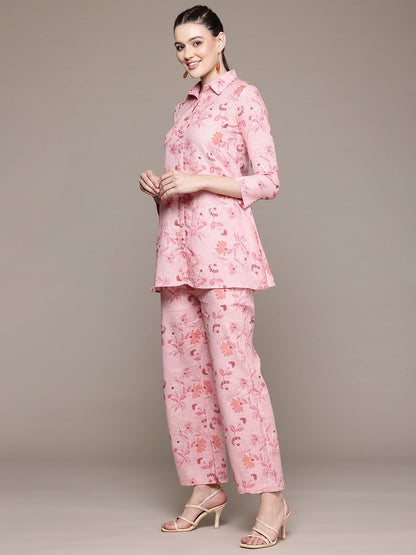 A Line Style Cotton Fabric Pink Color Co-Ord Set