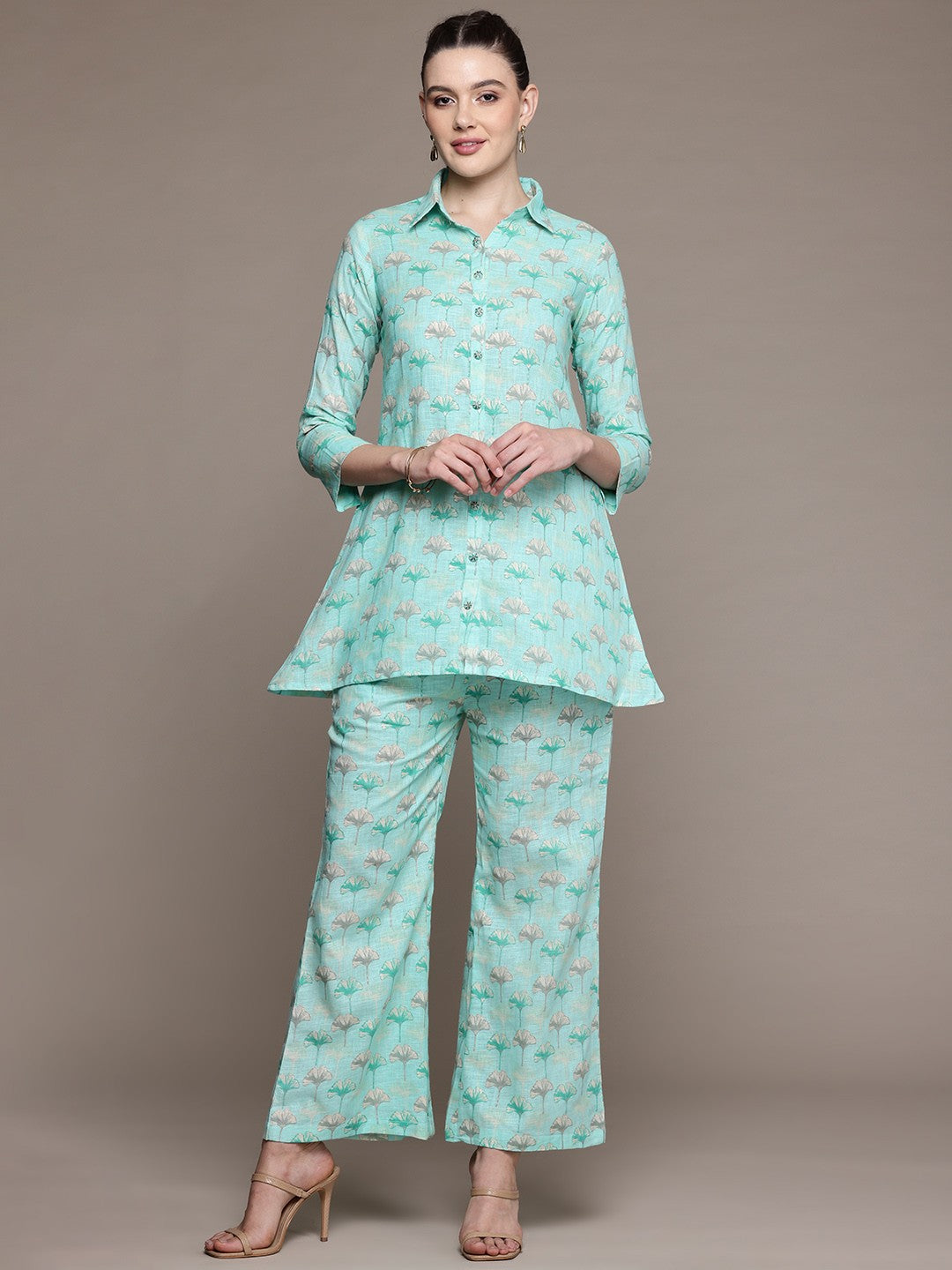 A Line Style Cotton Fabric Turquoise Blue Color Co-Ord Set