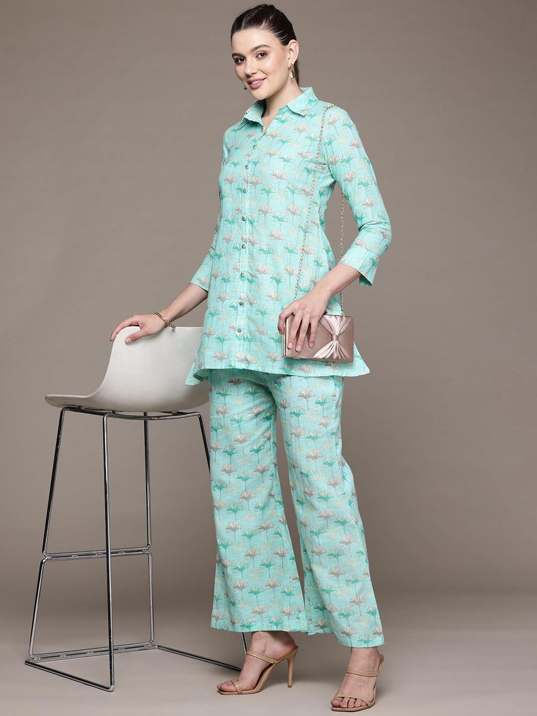 A Line Style Cotton Fabric Turquoise Blue Color Co-Ord Set