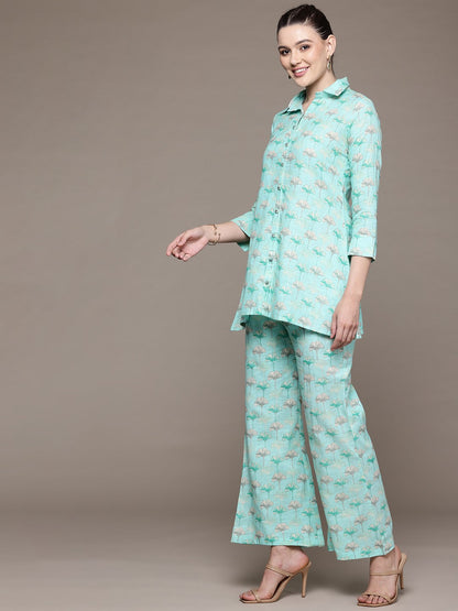 A Line Style Cotton Fabric Turquoise Blue Color Co-Ord Set